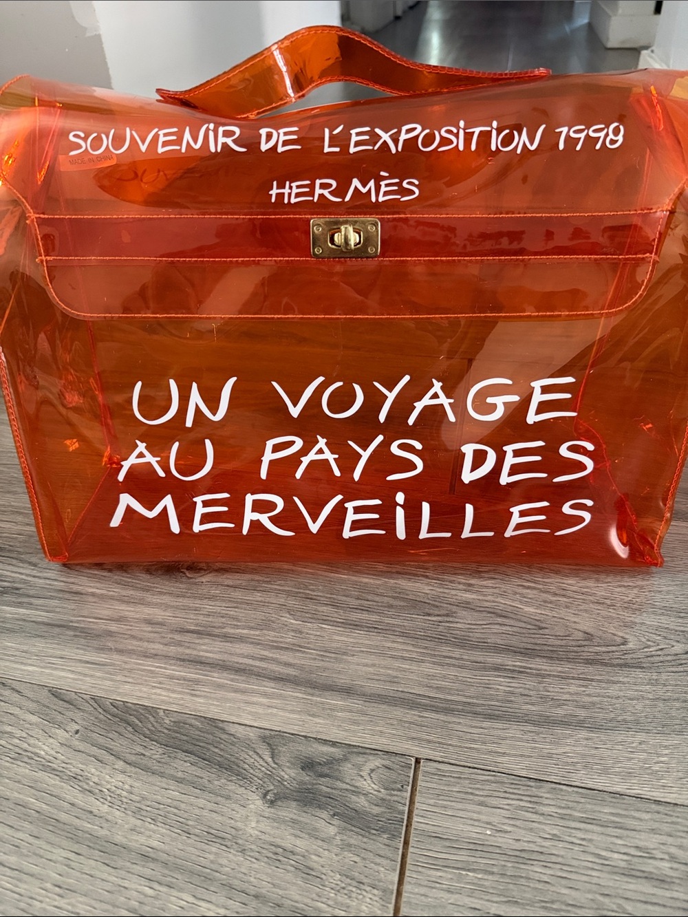 Hermes Orange Clear PVC Souvenir Travel Bag with White Script